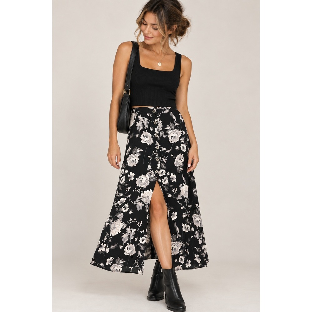 Whimsigoth Witchy Boho Cottagecore Dark Floral Button Front Midi Skirt Small